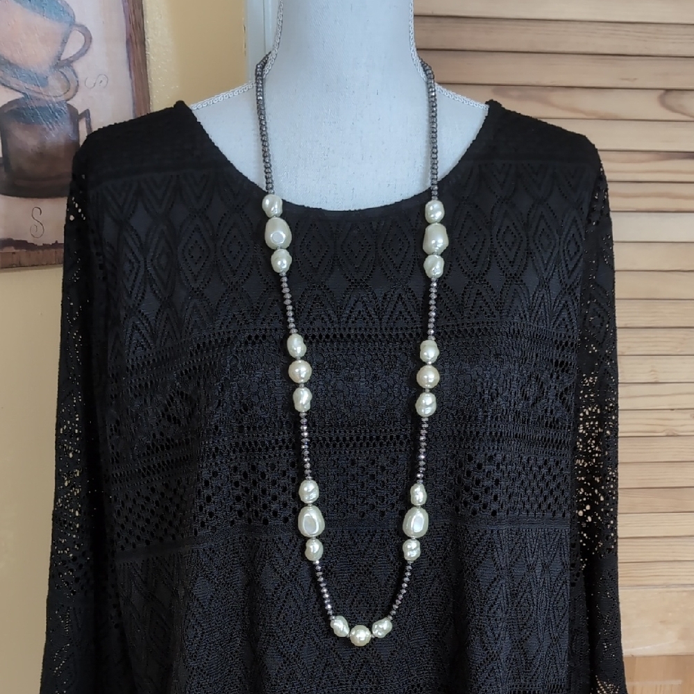Chico's Freshwater Pearls and Iridescent Black Beaded Long Necklace NWT